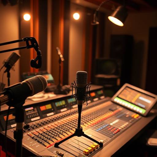 Équipement d'enregistrement sonore professionnel avec microphones et consoles de mixage